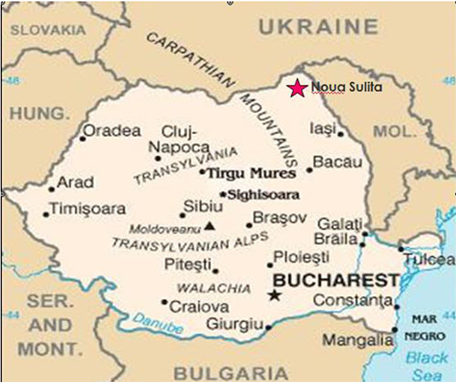 Mapa de Rumania con la ubicación geográfica de Nova Sulita