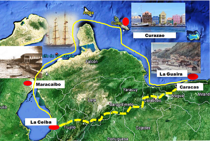 Fig 2. Trayecto marítimo de La Ceiba a Maracaibo, Curazao y La Guaira.
(en líneas discontinuas se muestra la ruta de Trujillo a Caracas, inexistente en 1878)
