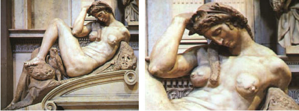 Fig 3 y 4: Estatua de La noche, con las características descritas