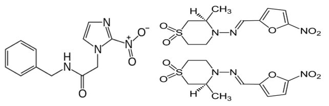 Figura 10. Benznidazole N-benzyl-2-(2-nitro-1H-imidazol-1-yl) acetamide. Nifurtimox (RS)-N-(3-metil-1, 1-dioxo-1, 4-tiazinan-4-il)-1-(5-nitro-2-furil) metanimina. 
