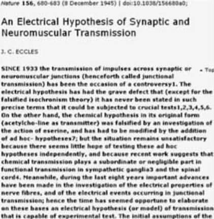 Figura 5. J. C. Eccles: Retrato y primera página de uno de sus más importantes trabajos sobre la transmisión eléctrica.