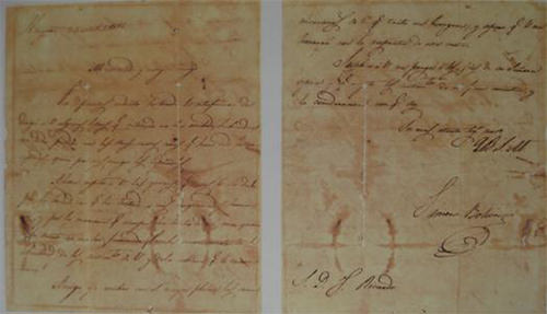 Facsimil de correspondencia de Simón Bolívar dirigida a Ricardo Mordechay el 7 de noviembre de 1815 desde Jamaica en reconocimiento a la colaboración prestada.