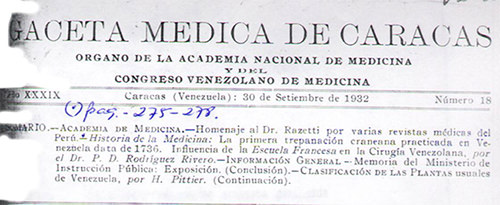 Fig 1. Portada de publicación del Dr. Rodríguez Rivero, en 1932, sobre primera trepanación realizada en Venezuela en 1736 editada por la Tip. Americana.
