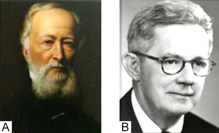 Fig. 1 Retratos de dos eminentes cirujanos:<br>A. Chistian Albert Theodor Billroth. B. Dr. Alfred Blalock