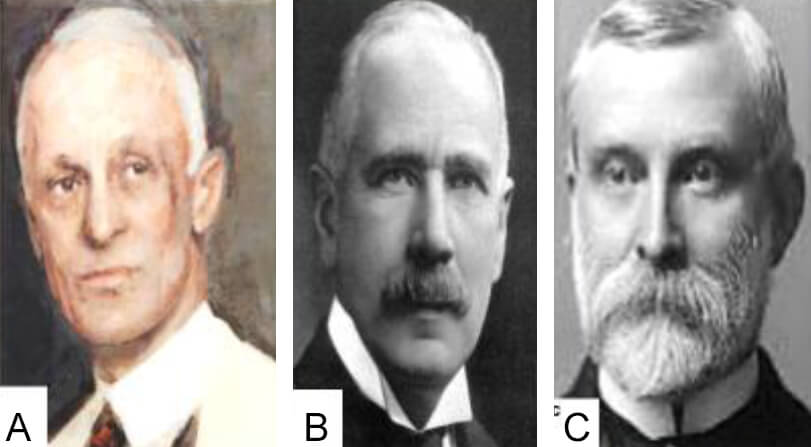 Fig. 2 Científicos predictores e iniciadores de trabajos experimentales en cirugía cardiaca valvular:<br>
A. Dr. Harvey Williams Cushing. B. Sir. William Arbuthot Lane. C. Sir. Thomas LAuder Brunton.