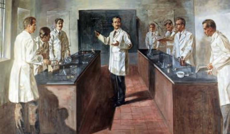 Figura 1. José Gregorio Hernández en una clase práctica de laboratorio. Obra (c. 1950) del artista Iván C. Belski (*1923-2003†) en el Museo Santuario de Isnotú, estado Trujillo.