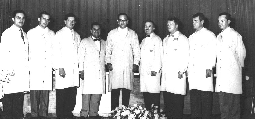 Figure 12. Members of the Surgery Service 1 and professors of Therapeutic Surgical Clinic. From left to right: René Ramia, Pedro Blanco Souchón, Rafael Coutinho, Daniel Galavis, Francisco Montbrun, Carlos Hernández, Rodolfo Selle, Fidel Chacón and José Puchi, 1960.