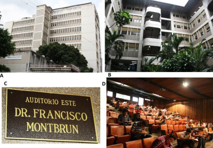 Figure 15. “José María Vargas” School of Medicine. A) Basic Sciences Edifice I. B) Basic Sciences Edifice II. C) Francisco Montbrun Auditorium´s plaque. D) Francisco Montbrun Auditorium.
