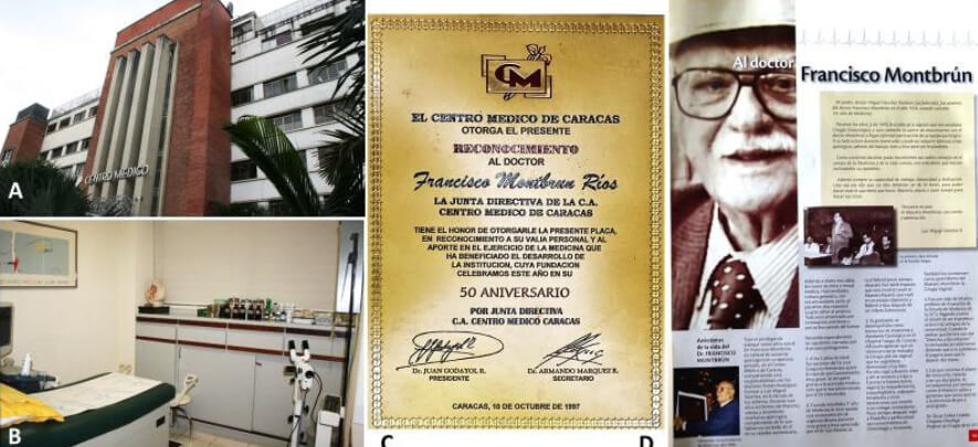 Figure 18. Caracas Medical Center. A) South facade. B) FMR´s office. C) Recognition plaque granted by the Board of Directors. D) Page of “Pulso Médico” in tribute to Francisco Montbrun.