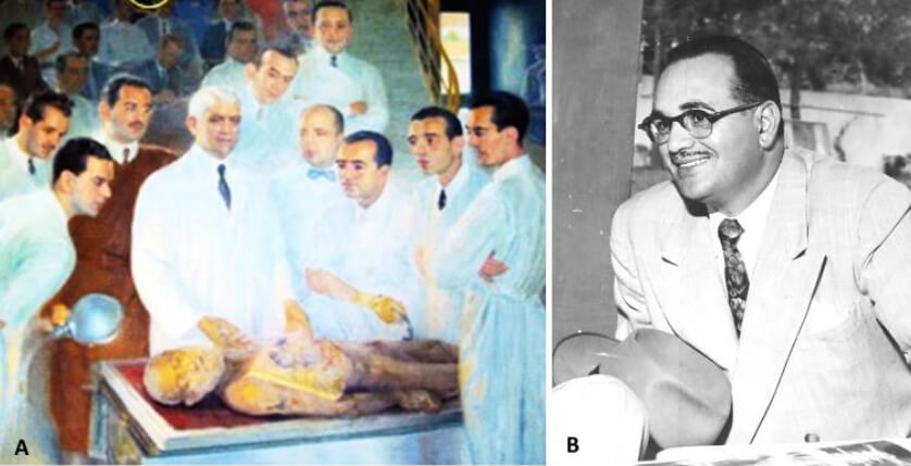 Figure 6. A) Roberto Fantucci's painting: Professors of Anatomy in 1950. José Izquierdo (white hair), Francisco Montbrun (brown robe). B) FMR, Associate Professor.