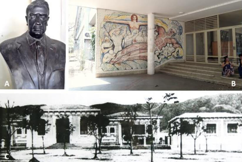 Figure 7. Anatomical Institute. A) José Izquierdo´s bust by Gaetano Parisi, 1983, located in the lobby. B) Entrance at the University City. C) Old building.