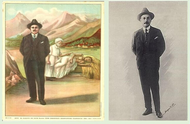 Figura 1. Oleo anónimo que representa la función médica del Dr. José Gregorio Henández con los pobres. La figura del beato se basó en la fotografía original realziada en New York en 1917.