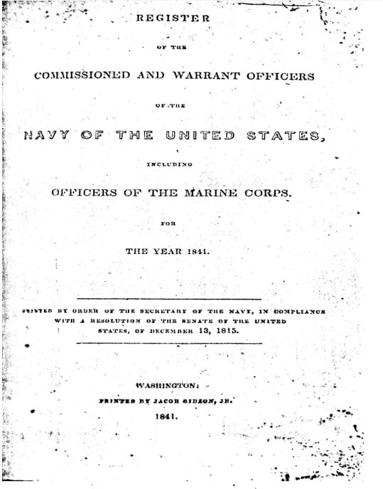 Figura 21. Registro Anual (1841) de Oficiales Navales. Portada (arriba) y tabulación que muestra la presencia de McKnight (#54) en la Marina (abajo). 
