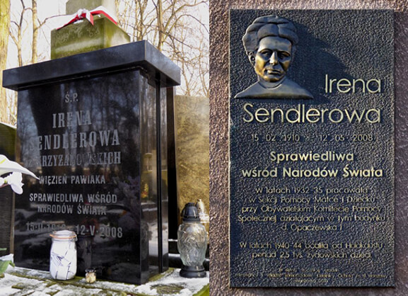 Figura 7. A) Mausóleo de Irena Sendler en el Cementerio de Powązki. Calle Powązkowska 14 01-797 de Varsovia. (https://www.alamy.es/cementerio-de-powazki-varsovia-polonia).  B) placa conmemorativa del centenario de su nacimiento. Ubicada en una pared de la calle Pawińskiego 2 de Varsovia, Polonia. (https://dprvrn.ru/es/irina-sandler-vo-vremya-vtoroi-mirovoi-voiny-mat-detei-holokosta/).