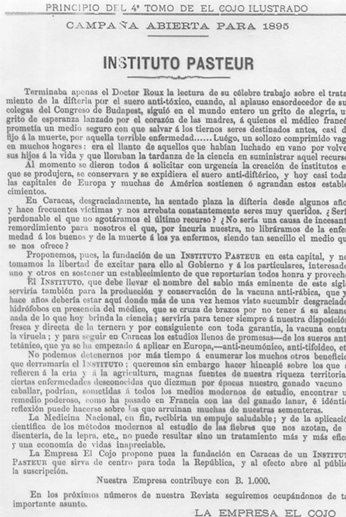 Figura 1. Campaña pública de recolección de fondos para el Instituto Pasteur. (encarte en la revista El Cojo Ilustrado, Tomo IV, enero 1895)