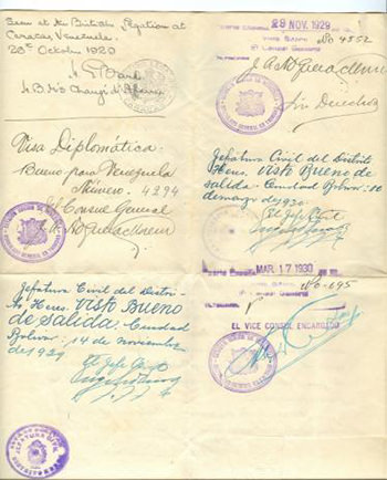 Fig. 3. Pasaporte del Dr. Hernández con sellos de su viaje por la selva amazónica, como Médico de la Comisión Venezolana de Límites con el Brasil
