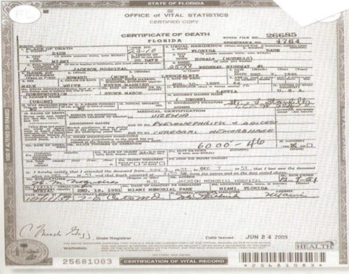 Fig. 6 Certificado de defunción del Dr. Leedskalnin