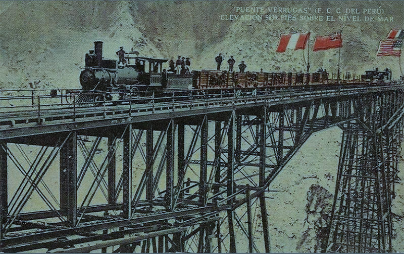 Fig. 3. Ferrocarril Callao-La Oroya, en Puente Verrugas. La construcción del ferrocarril trasandino originó migración de trabajadores extranjeros a zonas endémicas con verruga peruana, lo que contribuyó a la aparición de una epidemia de fiebre de la Oroya. Fuente: Delgado G. Daniel Alcides Carrión, Mártir de la medicina peruana, Héroe nacional. Asoc de Historia de la Medicina Peruana. Lima. Fondo Editorial Univ Nacional Mayor de San Marcos. 2013.