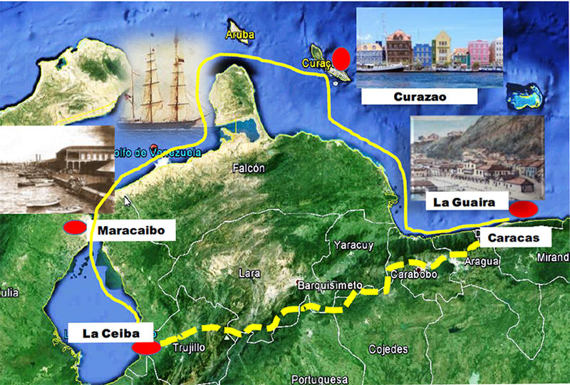 Fig 2. Trayecto marítimo de La Ceiba a Maracaibo, Curazao y La Guaira. (en líneas discontinuas se muestra la ruta de Trujillo a Caracas, inexistente en 1878)