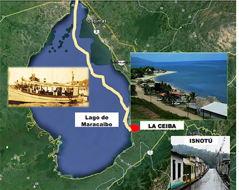 Fig 3. De La Ceiba a Maracaibo. Las piraguas bordeaban la costa oriental hasta Palmarejo y atravesaban la zona más estrecha para atracar en Maracaibo.
