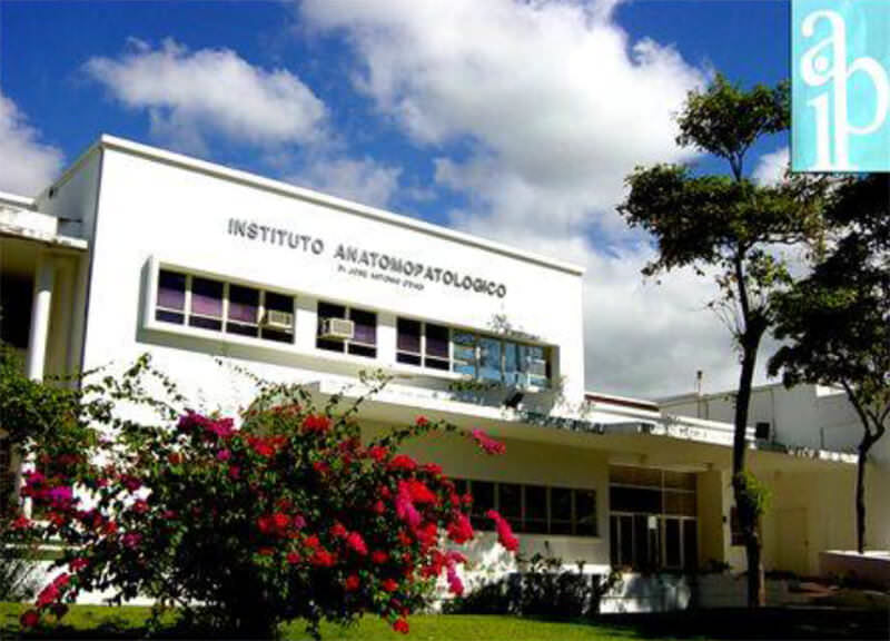Fig 1. Fachada sur del instituto anatomopatológico. Logo del IAP