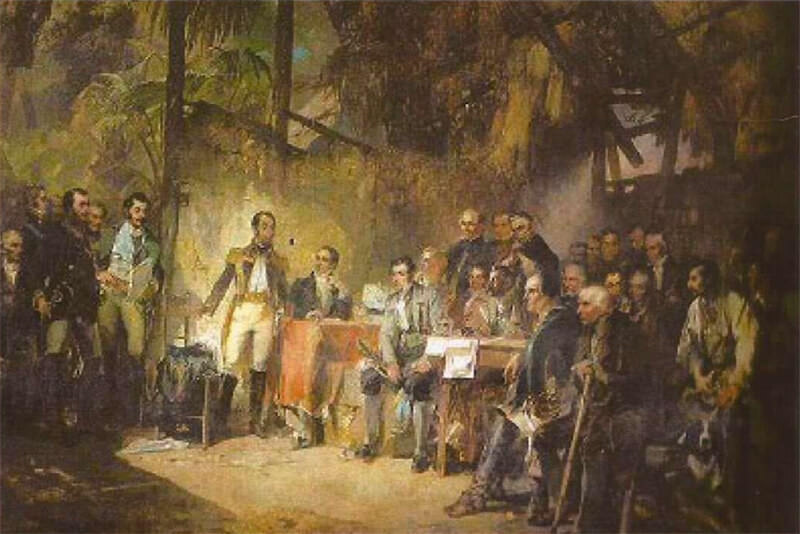 Fig 3. Reunión del Caño 70, 1887-89. Autor: Ernst Erwin Oehme, con participación de Rivero Sanavria. Representa el Congreso de Angostura (Febrero 1819)