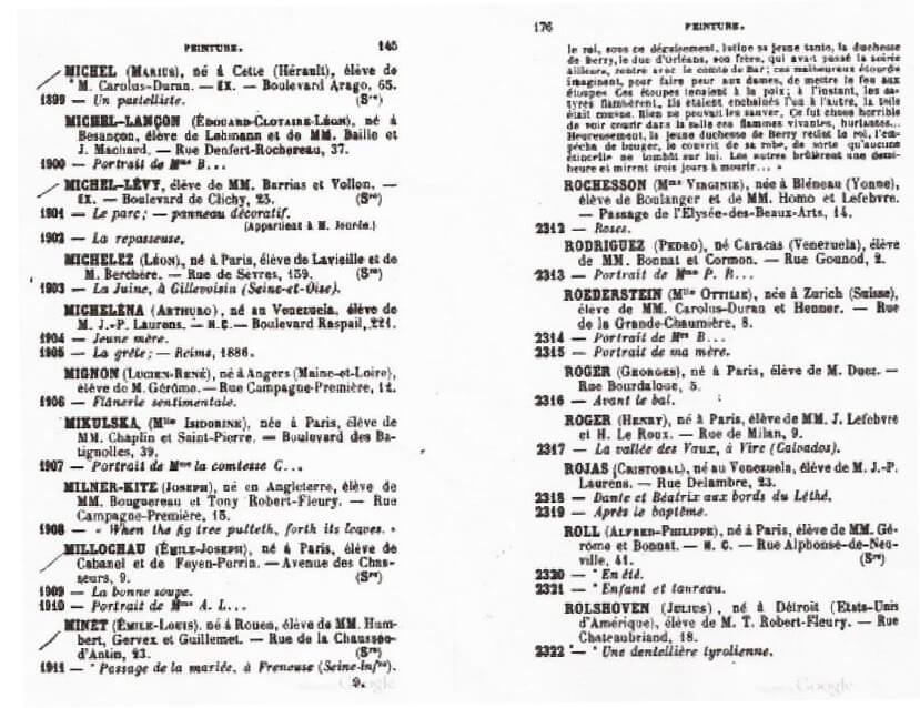 Fig 5. Registro de obras de Arturo Michelena, Le jeume mere (La joven madre) y La grelé-Reims (El granizo de Reims) y de Cristóbal Rojas Apré le bapíéme (El bautizo) y Dante et Beatrix aux bords du Lethé (Dante y Beatriz a orilla del Leteo, Catálogo de la exposición de París