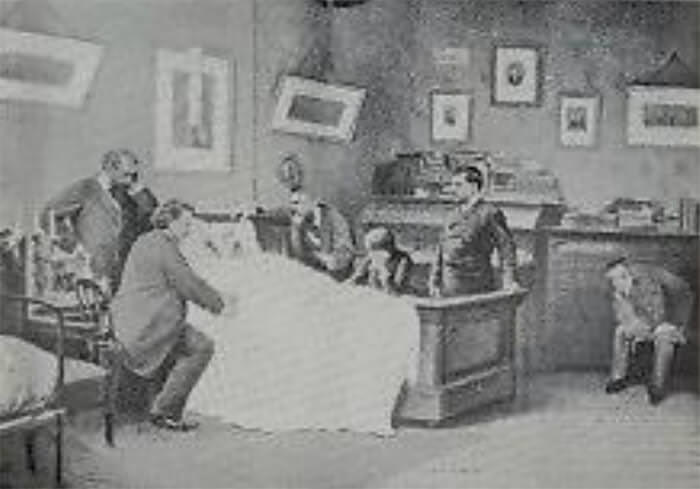Fig 9. Léon Gambetta, Primer Ministro de Francia en 1882, una de las incontables víctimas de la apendicitis. Médicos impotentes rodean su lecho de muerte