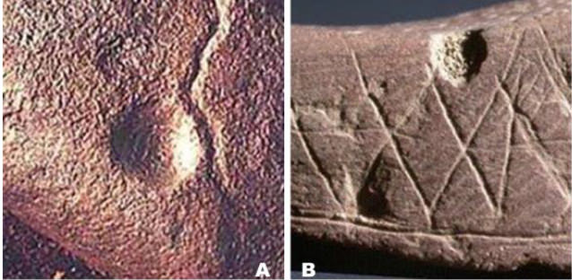 Fig 14. A. Cúpulas y meandros en cueva Auditorio, Bhimbetka, Madhya Pradesh, India (28) B. Grabado geométrico sobre mineral de hierro ocre. Cueva Blombos, Sudáfrica