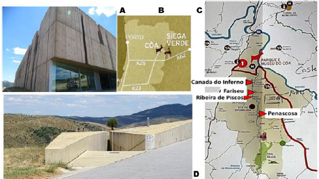 Fig 5. A y D: Museo de Côa. B. Mapa de Portugal y España muestra ubicación de valle de Côa y de Siega Verde, indicadas por figuras de animales. La autopista A62 lleva a Salamanca. C: Mapa del Parque Arqueológico del Valle del Côa.
