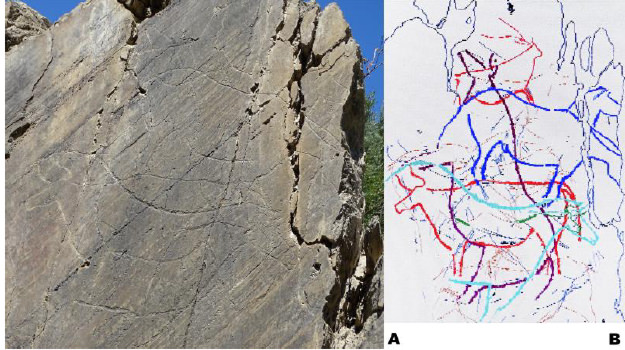 Fig 6. Grabados en roca 1 de Canada do Inferno. A. Fotografía de la roca. B. Dibujos en distintos colores, reproducen petroglifos de roca 1, para facilitar su identificación, pues hay varias figuras superpuestas. Cada calor representa una etapa de creación (estratigrafía) (18)