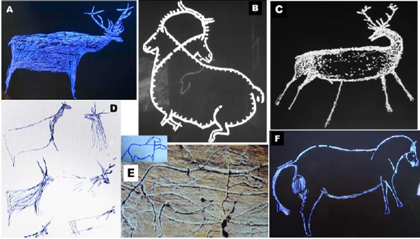 Fig 9. A Ciervo, grabado con incisión múltiple B Cabra montesa con cabeza en 2 posiciones: mirando hacia el frente y hacia atrás C. Ciervo piqueteado D. Cabras y ciervos por incisión E. Caballo con cabeza en 2 posiciones (roca 1 de Fariseu) F. Caballo en Canada do Inferno. (Fotografías tomadas por la autora en Museo de Côa)