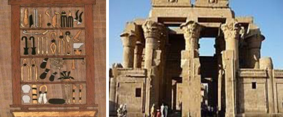 Fig. 14. A. Instrumentos quirúrgicos del Antiguo Egipto grabados en el muro del templo de Kom Ombo. B. Templo de Kom Ombo.