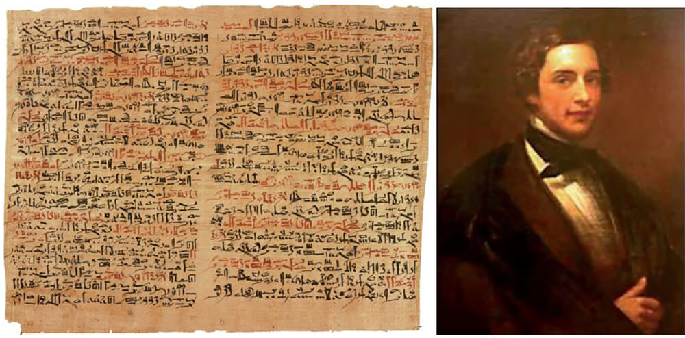 Fig. 4. A. Fragmento del papiro de Edwin Smith. Tomado de la versión digital en Turning the Pages. Disponible en http://archive.nlm.nih.gov. B. Edwin Smith. Pintura al óleo realizada por Francesco Anelli, de la colección de la New York Historical Society. Tomado de González Fisher R, Flores P. El Papiro Quirúrgico de Edwin Smith. Ann Med Asoc Med Hosp, 2005. 50 (1): p. 43-8. (5)