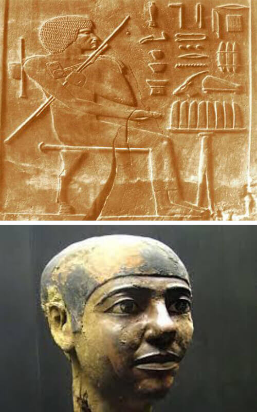 Fig. 1. Arriba, el primer médico Hesy-ra del faraón Zoser. Abajo, el médico y arquitecto Imhotep, asistente del faraón Zoser.