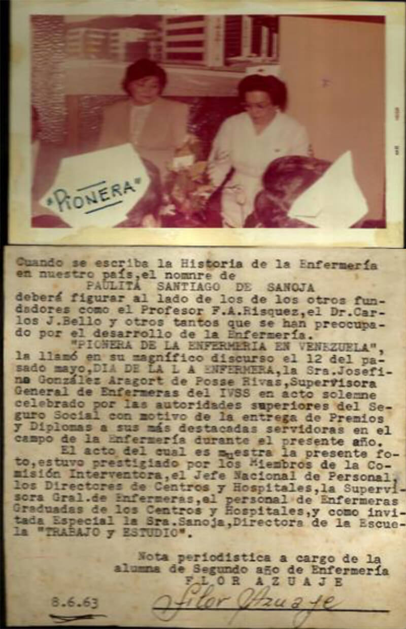 Figura 6. Declaratoria de Paulita Santiago como "Pionera de la Enfermería en Venezuela".