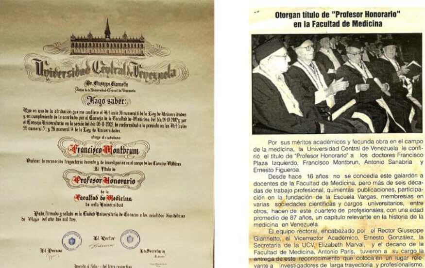 Figure 16. Title of Honorary Professor from the UCV awarded to FMR in 2002. The photo shows the four professors honored on that occasion: Francisco Plaza Izquierdo, Francisco Montbrun, Antonio Sanabria and Ernesto Figueroa.