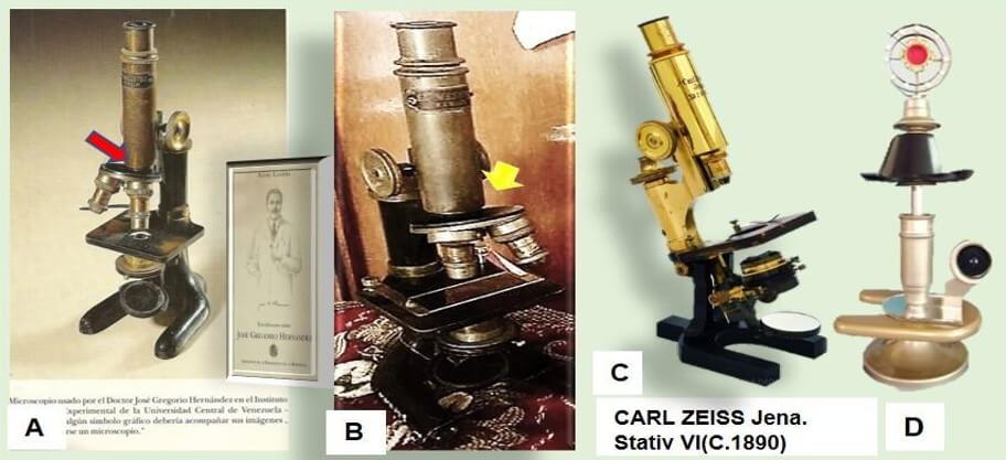 Figura 11. A. Imagen del microscopio del Dr. José Gregario Hernández representado en el libro escrito por el "Dr. Caldera (15). Véase que no corresponde al modelo de microscopio Zeiss que trajo el beato. Obsérvese que posee un revolver con dos objetivos. B. El microscopio que se presenta como el microscopio que trajo el Dr. Hernández. Igual que el microscopio A, posee revolver. C. Modelo de los microscopios Zeiss que trajo el Dr. Hernández para su laboratorio. No posee revolver sino un solo objetivo. D. Custodia que contiene la reliquia del Dr. José Gregario Hernández. El microscopio que soporta el sombrero es el modelo correcto: con un solo objetivo.