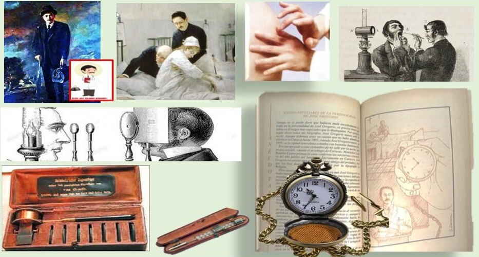 Figura 13. Representación del beato José Gregario Hernández, en su función de médico con maletín y estetoscopio, los cuales nunca usó. En el capítulo" Rasgos peculiares de la personalidad de José Gregario, Anécdotas, se presenta al beato examinando un paciente y se destaca el uso del reloj de faltriquera que usaba. El Dr. José Gregario Hernández auscultaba directamente como se observa en una pintura que data de 1889. (Luis Jiménez Aranda, Museo del Prado). El Dr. Hernández también usaba la percusión en su examen físico. Termómetros y oftalmoscopio tipo Helmholtz, del siglo XIX, cuyos modelos probablemente era de los que utilizaba José Gregario Hernández. Fotografías Google France y Venezuela.
