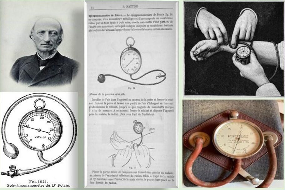Figura 15. Retrato del Dr. Pierre Car! Édouard Potain quien diseñó el primer esfigmomanómetro en 1889 en París, modelo que introdujo el Dr. José Gregario Hernández en Venezuela en 1891. Fotografía de un tensiómetro aneroide de Vásquez-Laubry, el cual supuestamente fue el modelo que introdujo el beato a Venezuela.