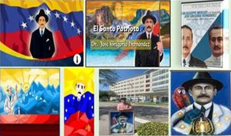 Figura 5. Retratos alegóricos del beato José Gregorio Henández, destacada el retrato de José Gregorio Henández con la guacamaya mascota de la Copa América 2007 celebrada en Venezuela, representativa del país por los tres colores de la bandera nacional en el plumaje. Fotografías Google Venezuela.