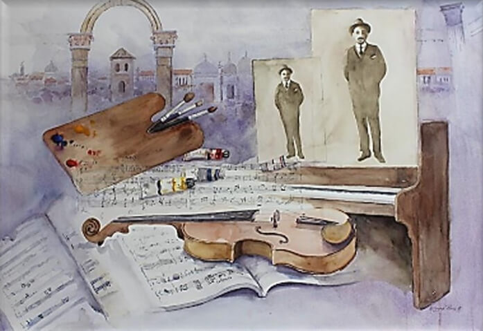 Figura 7. Obra intitulada "José Gregario y las Bellas Artes", realizada por la Acuarelista Milagros Pérez Alonso, presentada en la Exposición "Homenaje al Dr. José Gregario Hernández, humanista. médico y cristiano ejemplar", en los Espacios Culturales de la Universidad Nacional Experimental Simón Rodríguez (UNESR) y en la III Exposición del Museo Sacro de Caracas.