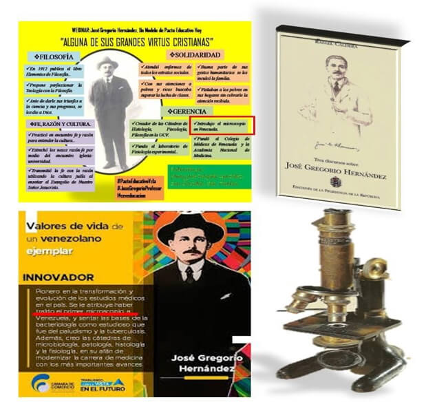Figura 8. En estos dos afiches, se asegura (ver indicaciones en rojo), que el Dr. Hernández trajo e introdujo el primer microscopio en Venezuela. Libro del Dr. Rafael Caldera intitulado "Tres discursos sobre José Gregario Hernández", donde se expone que el supuesto primer microscopio fue introducido por José Gregario Hernández. Fotografías de Google Venezuela.