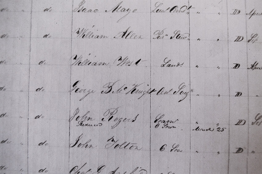 Figura 14. El Dr. McKnight en el Libro de Pagos (Pay Roll) de la goleta USS Grampus (1821-1838). National Archives, Washington, DC, 1984: Isaac Mayo… Lieutenant Commander (Lt. Comdr.), o Teniente Comandante …1ra línea George B. McKnight… Assistant Surgeon (Asst. Surg.) …o Cirujano Asistente …4ta línea
