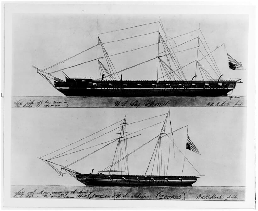 Figura 6. La goleta USS Grampus (1821-1843) (Mitad Inferior). Arriba está la “USS Hornet (1805-1829) está en la parte superior. Bocetos de cascos y aparejos (con este último componente fuera de escala en relación a los cascos), por William A.K. Martin, alrededor de 1843 o más tarde. Ambas embarcaciones, perdidas en el mar con todas las tripulaciones, se representan volando sus banderas americanas al revés, como signo de angustia.” US Naval History and Heritage Command Photo # NH 86236. http://www.navsource.org/archives/09/86/86745.htm