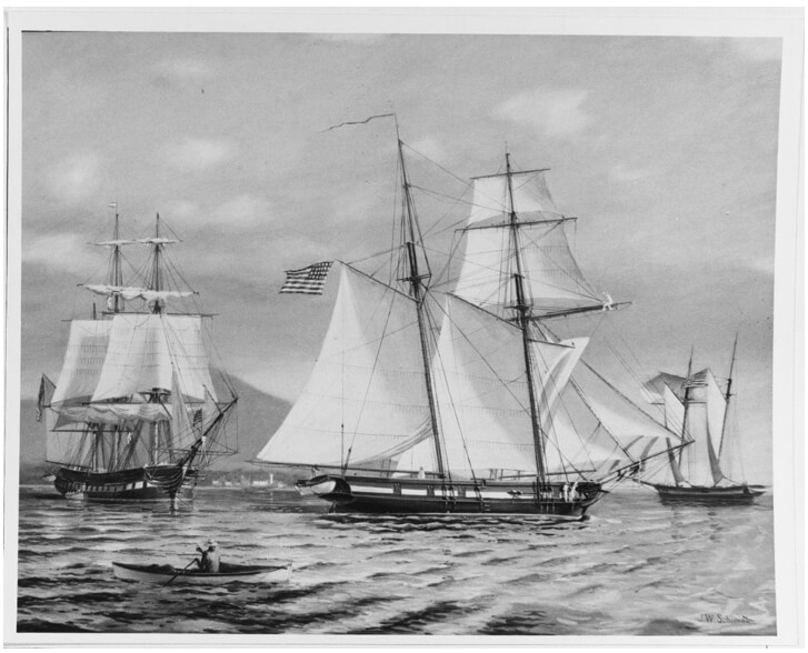 Figura 7. LA GOLETA GRAMPUS (Centro). Incidente de Fajardo, por reclamo de robo a una casa de comercio. Pintura al óleo del contralmirante John W. Schmidt, mostrando la fragata USS John Adams (izq.) y las goletas USS Grampus (centro) y USS Beagle (der.) en la costa este de Puerto Rico, el 14 de noviembre de 1824. US Naval History and Heritage Command Photo # NH 123338. http://www.navsource.org/archives/09/86/098674302.jpg