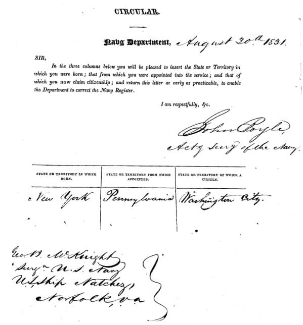Figura 20. Afidávit firmado del Dr. McKnight sobre sus coordenadas vitales para el momento (Agosto de 1831).