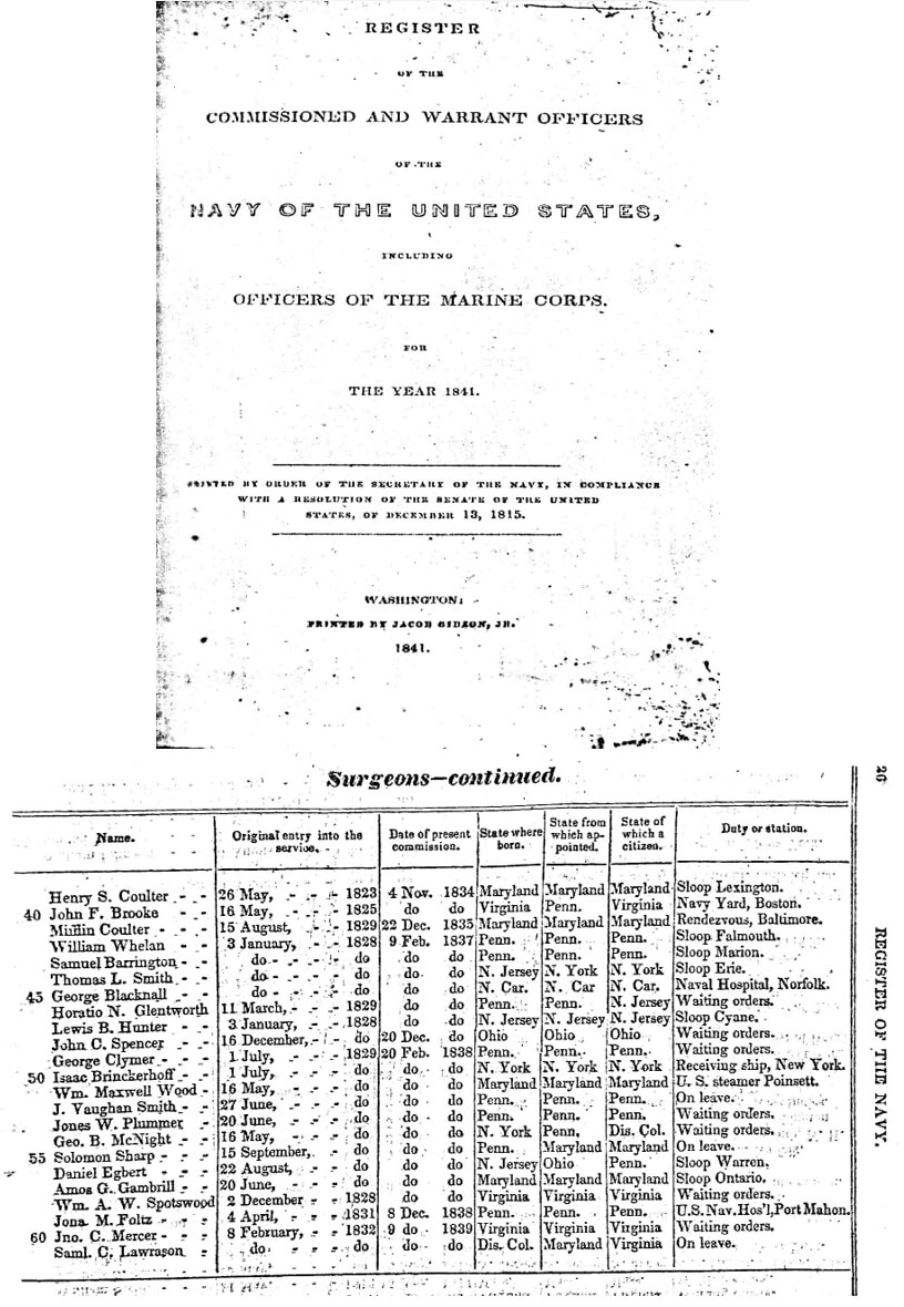 Figura 21. Registro Anual (1841) de Oficiales Navales. Portada (arriba) y tabulación que muestra la presencia de McKnight (#54) en la Marina (abajo).