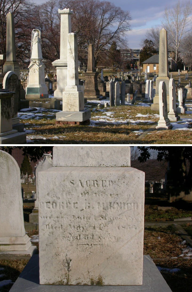 Figura 25. Congressional Cemetery, Washington, DC. Tumba del Dr. George B. McKnight y su familia cercana. Primer obelisco al frente y a la izquierda del centro de la fotografía de arriba. El detalle de la base esta ampliado en la foto de abajo y muestra la información vital del Dr. McKnight, ahora algo borrosa.