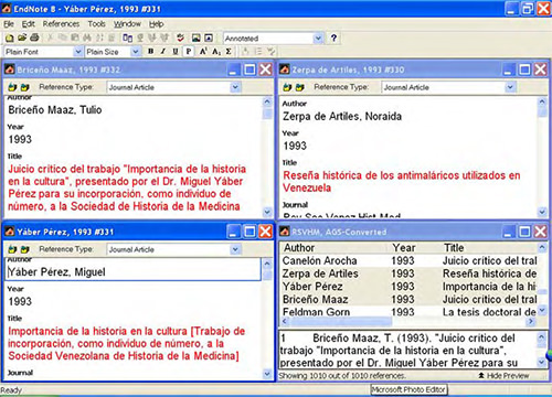 Figura 9. Fichas bibliográficas de EndNote abiertas para su estudio y comparación (End Note 7).